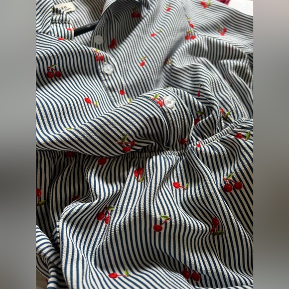 Monteau Dress Cherries Striped navy white m medium pockets buttons summer - Picture 3 of 13